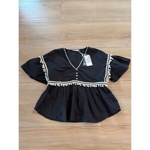 Mango Casual Black Pom Pom Trim Peplum Blouse V-Neck Boho Top Small NWT